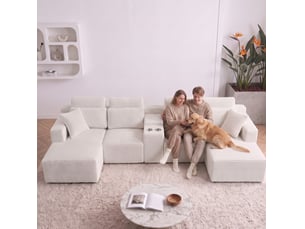 Canapé d'angle modulaire en u 373x151x81 cm compressé avec porte-gobelets, pour salon, mousse, velours côtelé, blanc