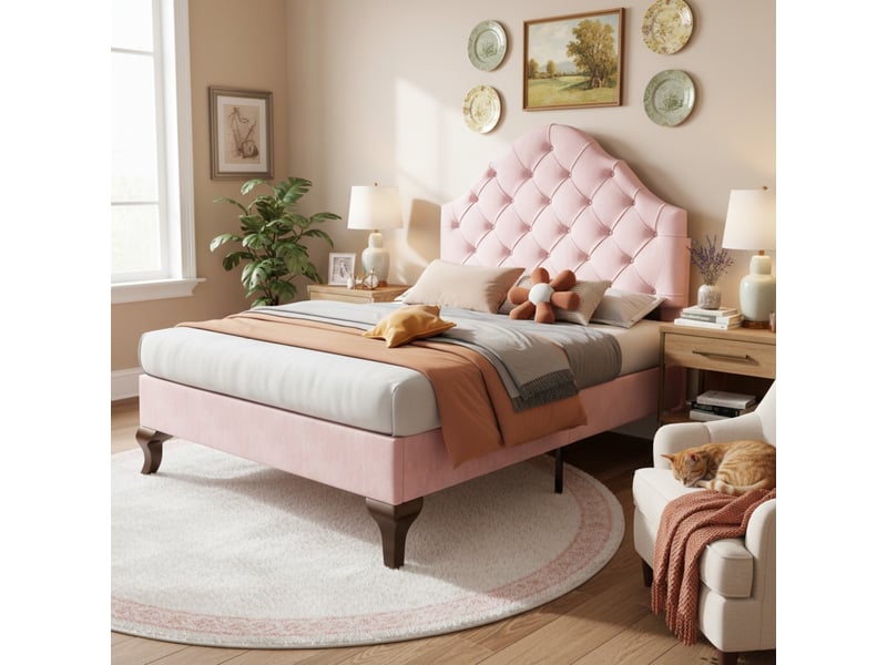  Lit capitonné en velours rose 90 x 200 cm  - Conforama E