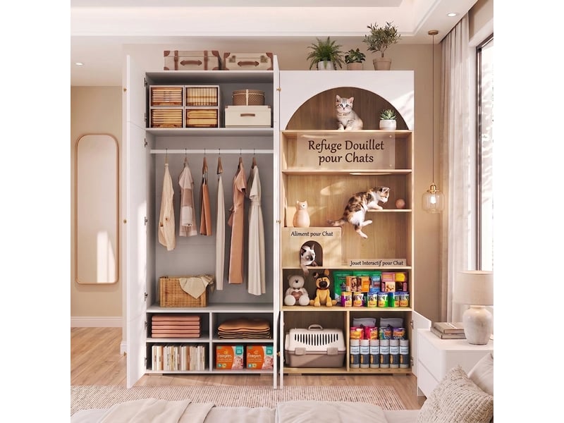  Armoire multifonction 3 en 1 ensemble vestiaire avec penderie et mur d'escalade  270x50x200cm blancbois  - Conforama B