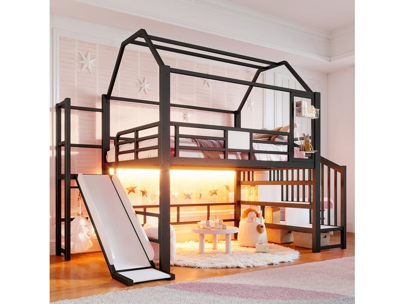  Lit mezzanine enfant maison 140x200 cm avec toboggan, escalier et led bluetooth noir  - Conforama E
