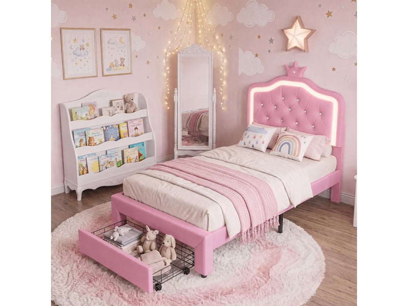  Lit enfant 90x200 cm avec 1 tiroir, lit simple en pu rose avec tête de lit en forme de couronne réglable et éclairage led, structure de lit avec sommier à lattes  - Conforama B