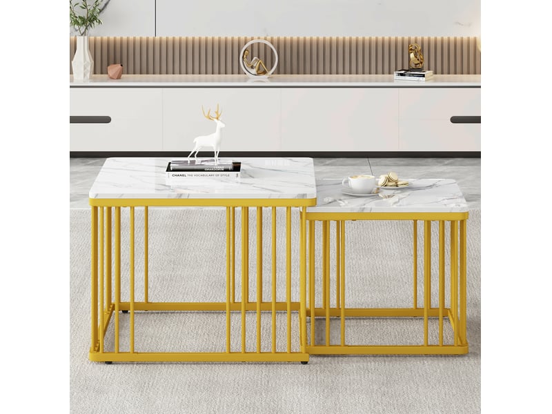  Lot de 2 tables basses gigognes effet marbre blanc, 60x60 cm et 45x45 cm  - Conforama D