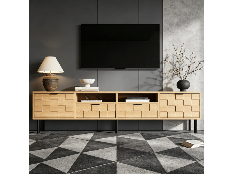Meuble tv 200x35x44,5 cm - meuble bas avec décor 3d à carrés entrelacés, 2 tiroirs, 2 portes battantes, pour tv jusqu’à 80 pouces - bois naturel - Conforama E