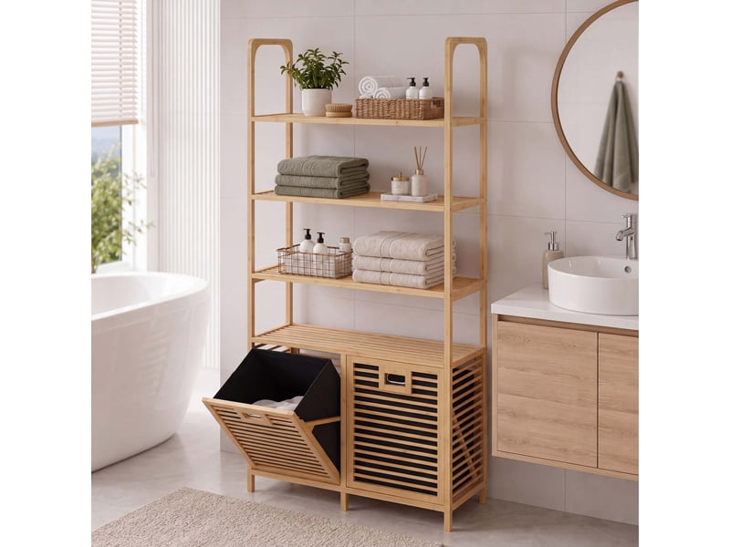  Armoire de salle de bains en bambou hwc-n83, armoire de salle de bains à étagères, 2 paniers à linge, 4 étagères, mvg 168 x 81 x 33 cm - naturel, panier anthracite  - Conforama B