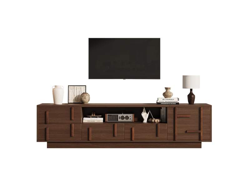  Meuble tv 180x40x45 cm avec 4 tiroirs et rangements, mdf noyer foncé  - Conforama A