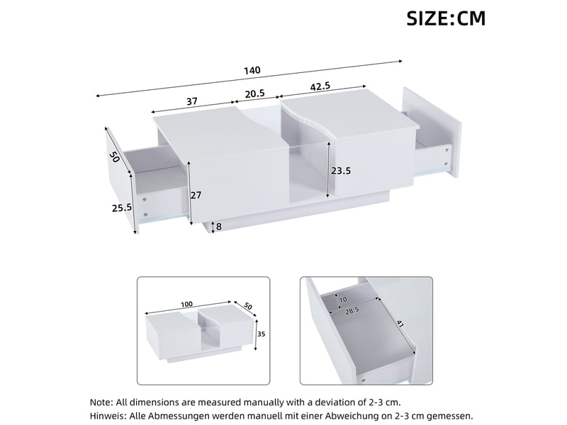  Table basse moderne avec éclairage led et 2 tiroirs – 100 x 50 x 35 cm, table d'appoint blanche laquée brillante avec éclairage led et plateau en acrylique, table d'appoint en mdf pour salon ou chambre  - Conforama C