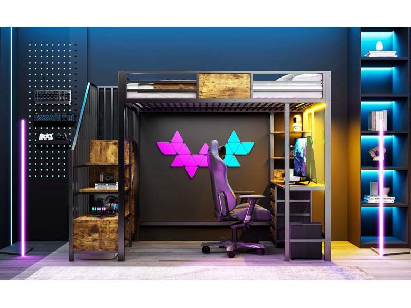 Lit mezzanine métal 90x200 cm – bureau intégré, penderie, rangements, led et prise intégrée - Conforama D