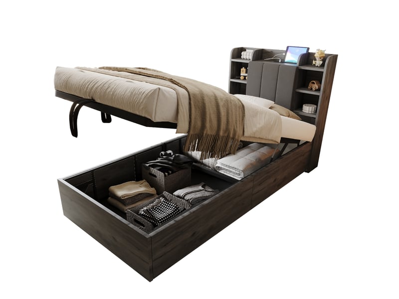  Lit coffre 90 x 200 cm gris mdf, tête de lit avec rangements et ports usb type c, sommier à lattes  - Conforama A