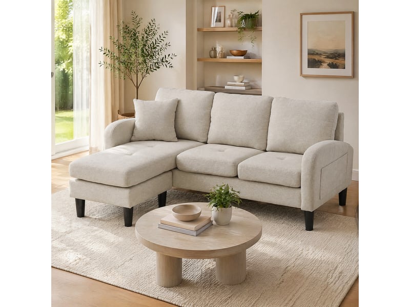  Canapé d'angle modenvie modulable 3 places avec méridienne réversible 166 x 118 x 77 cm coton et lin beige gris blanc  - Conforama B