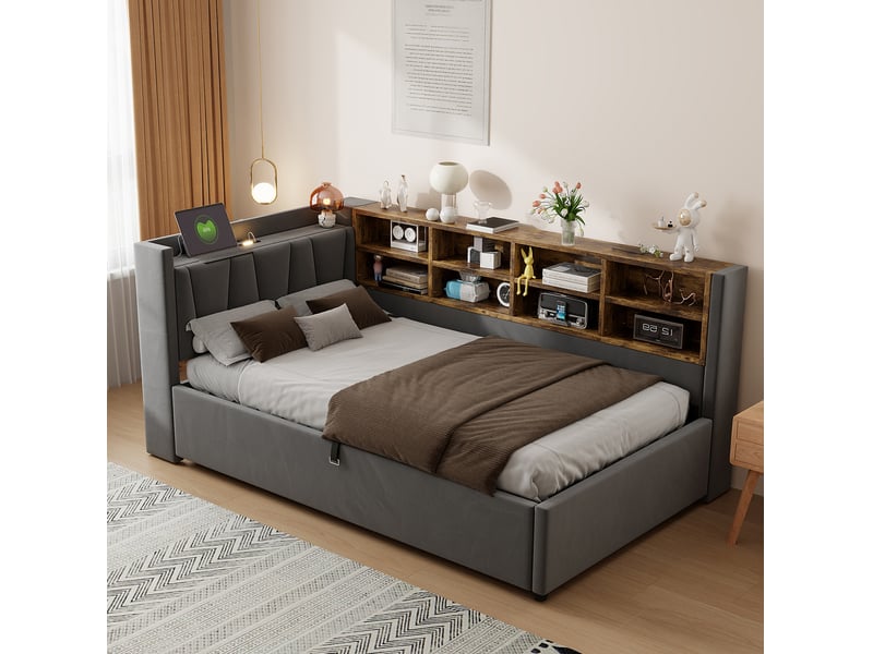  Lit coffre 90x200 cm en velours gris foncé avec éclairage et ports usb  - Conforama D