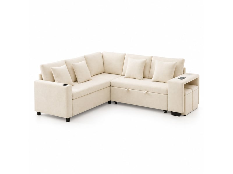  Canapé d'angle réversible convertible 5 places avec coffre, pouf, ports usb-c et porte-gobelets, chenille beige, 220 cm  - Conforama A