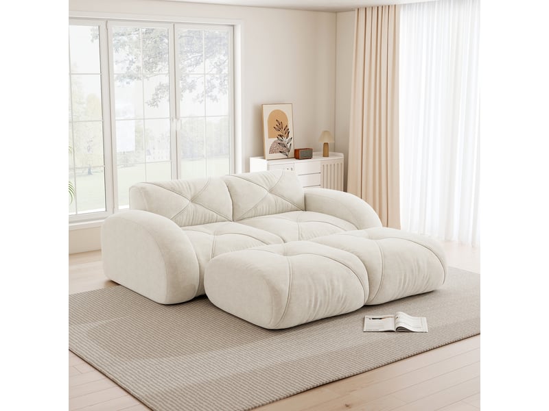 Canapé modulaire 2 places sans cadre avec assise en mousse 32d et 2 poufs, en chenille, beige clair - Conforama D
