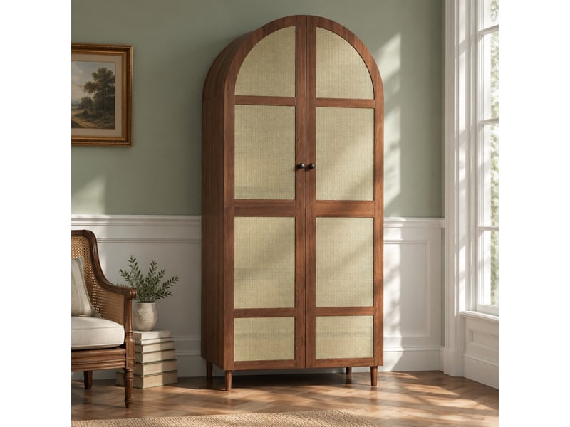  Armoire de rangement à portes cintrées avec penderie et tiroirs - lpospi - façades en rotin mdf et panneaux de particules noyer  - Conforama C
