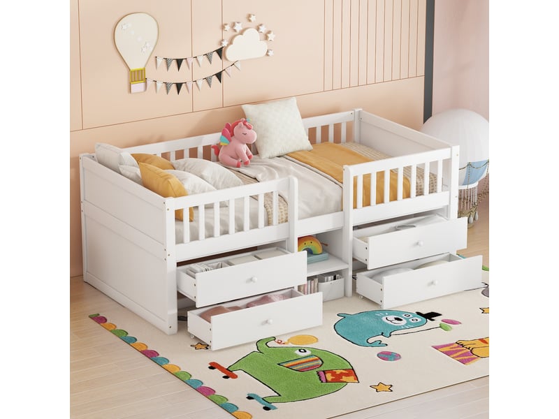 Lit mezzanine, 90 × 200 cm, blanc, bois de pin, 4 tiroirs, rangement intégré, sans matelas, garde-corps, échelle  - Conforama B