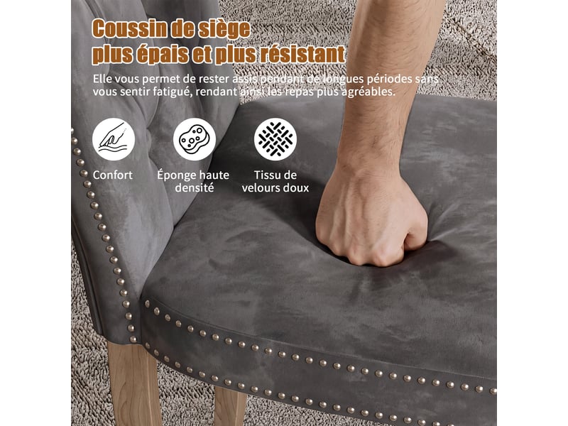  Lot de 2 chaises salle à manger,chaises de cuisine, dossier clouté,pieds en bois,rembourrée,50x47x99 cm,velours,gris  - Conforama R