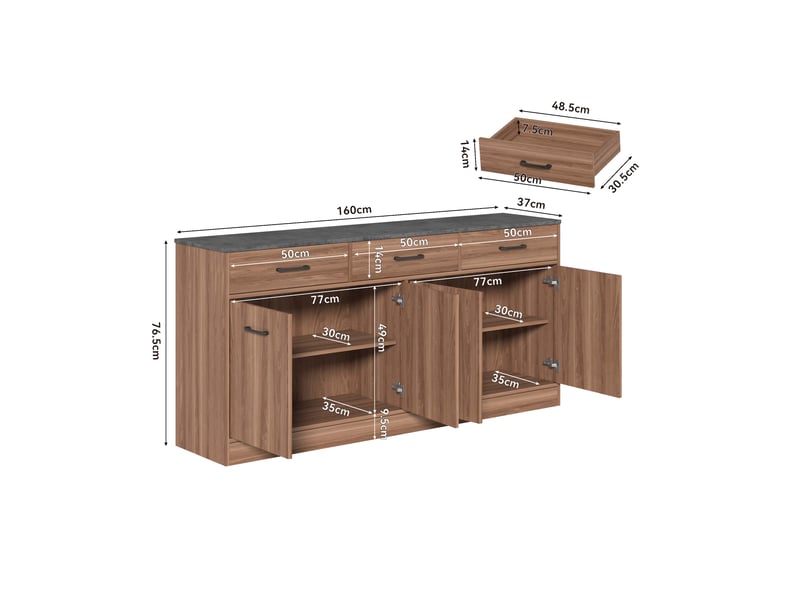  Buffet de cuisine avec 3 tiroirs et étagères réglables - lpospi - plan de travail effet béton mdf noyer  - Conforama D