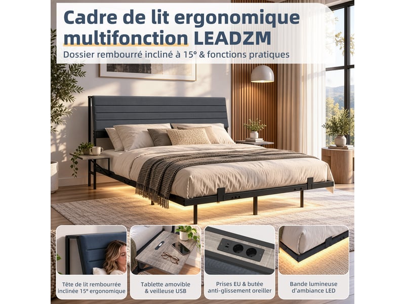  140x190cm-led-plateau de table pour tête de lit-cadre de lit tapissier- lit double-led-usb-type-c, gris  - Conforama A