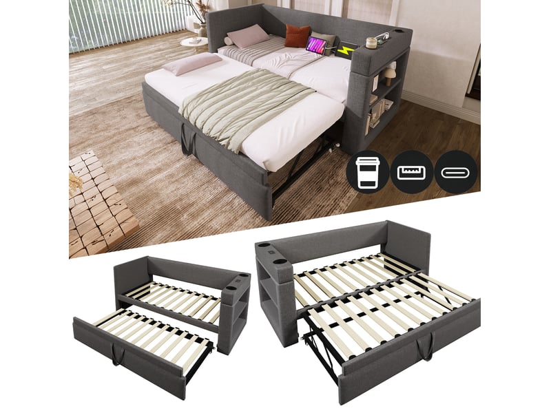 Lit gigogne 90x190 cm avec lit tiroir, usb et type-c, porte-gobelets, tissu gris, sans matelas  - Conforama D