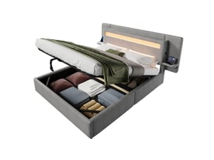 Lit coffre 140x200 cm en tissu lin avec rangement hydraulique, tête de lit led, table de chevet intégrée et port usb - gris