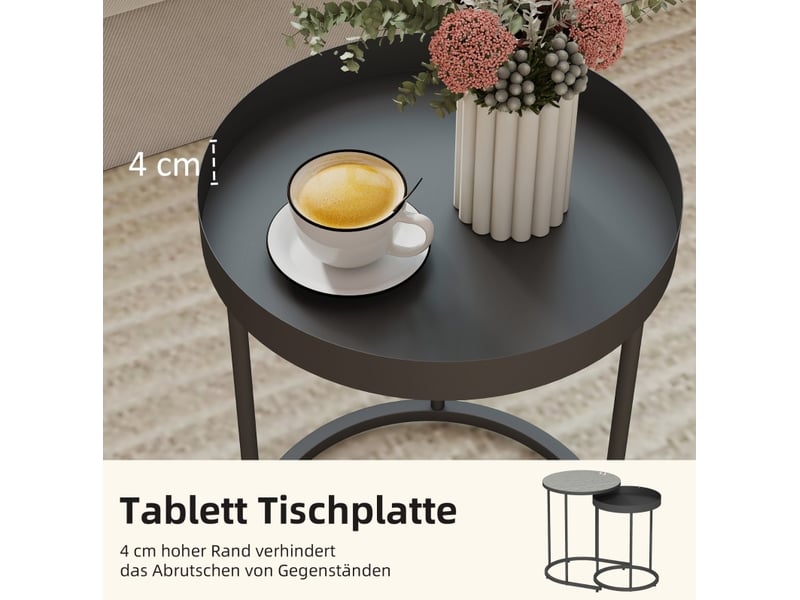 Tables basses gigognes rondes en métal avec plateau à rebord et patins antidérapants pour salon gris et noir - Conforama D