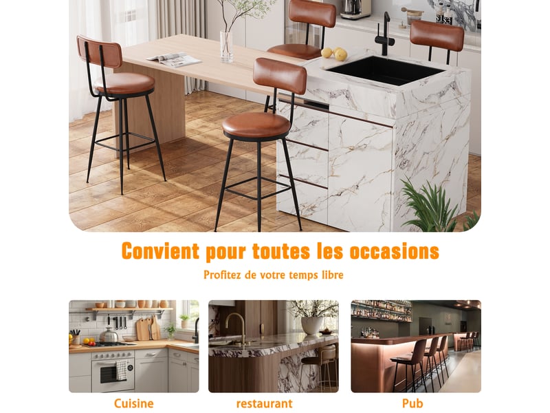 Tabouret de bar lot de 2 chaise de bar avec cadre métallique, chaise de cuisine haute, pu, marron - Conforama C