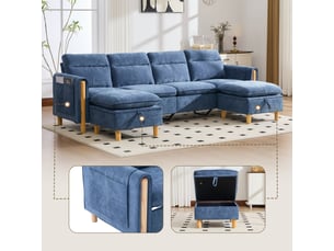 Canapé d'angle panoramique convertible <strong>SAPGAKS</strong> <strong></strong> 4 places Velours côtelé bleu avec coffre de rangement