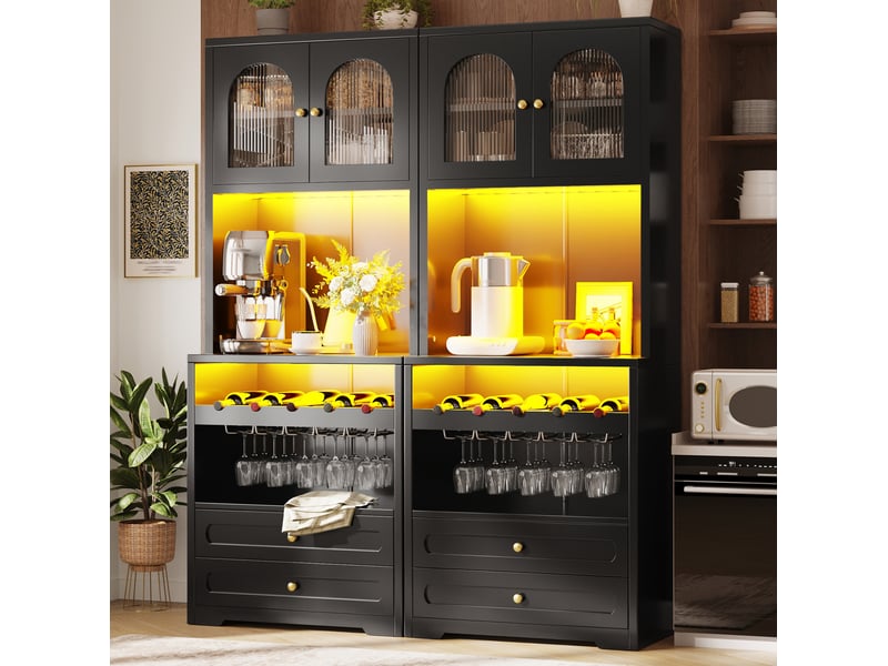  Buffet haut avec 4 portes vitrées, 4 tiroirs, led, range-bouteilles et port usb en mdf noir 140 × 40 × 180 cm  - Conforama B
