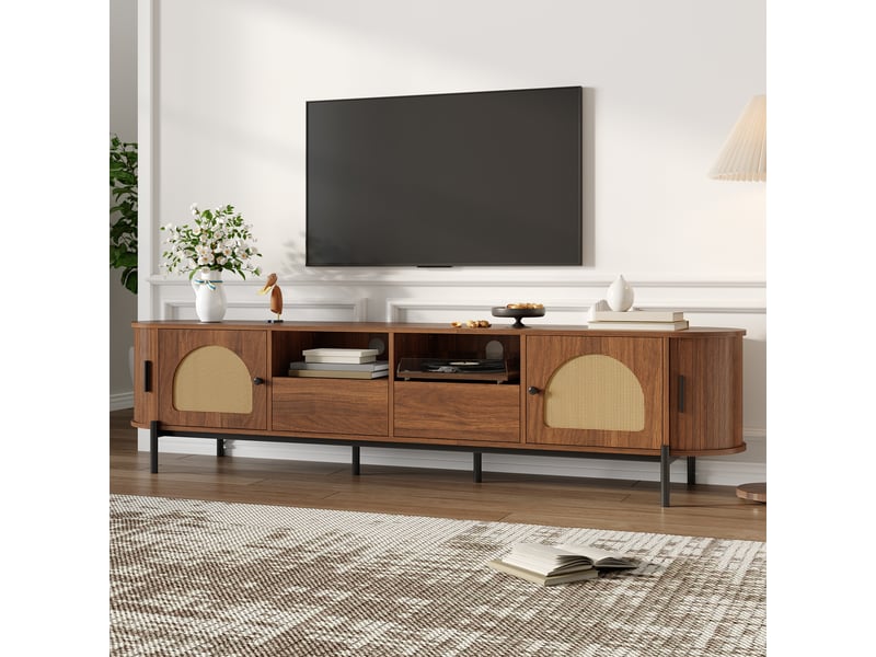  Meuble tv bas avec portes coulissantes et 2 tiroirs, façade cannage rotin, design ovale en mdf, rangement salon avec pieds métal - noyer  - Conforama E