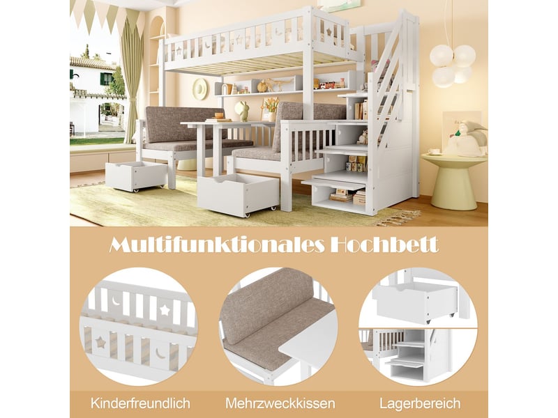 Lit mezzanine 90x200 cm 2 en 1 bureau et escalier rangement - lit simple - décor étoiles lune, pin massif, gain de place blanc  - Conforama E