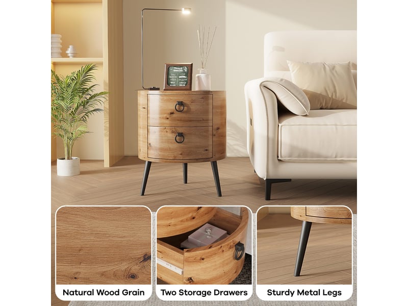  Table d'appoint ronde 2 tiroirs, bout canapé, table chevet, style mid-century, finition bois naturel, pieds métal, rangement salon PHO_346UMJ4V - Conforama D
