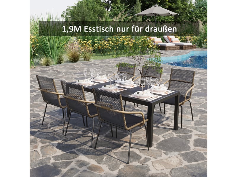  Table jardin plastique 190x84,5x72 cm, intempéries, aspect bois, antidérapante, buffetcampingbalconterrasse, noire.  - Conforama C