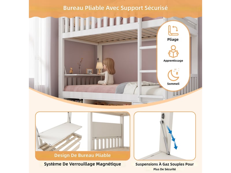 Lit enfant 90x200 cm avec bureau rabattable et rangement chaussures intégré, sommier à lattes, solution gain de place tout-en-un, certifié en 747, blanc Bubbly - Conforama E