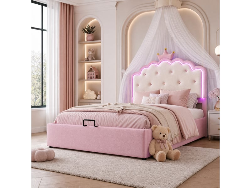  Lit enfant 2 places 140×200 cm, coffre hydraulique et led réglable  - sans matelas, pu - rose  - Conforama C