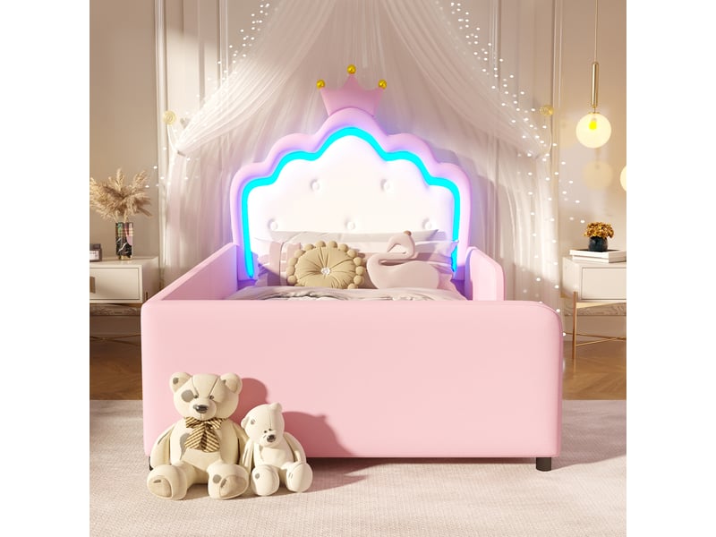  Lit enfant rembourré 90x190 cm sans matelas, design princesse en forme de couronne, barrière de sécurité et bande led, mdf et pu, rose Sol Morn - Conforama D