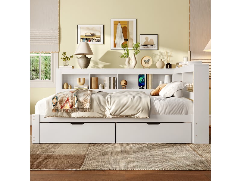  Lit banquette 140x200 lit de jour blanc avec 2 tiroirs et ports usb  - Conforama B