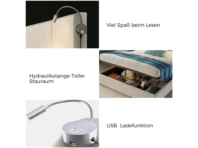 Lit coffre 160x200 cm rembourré, rangement hydraulique, tête de lit avec lampe de lecture et usb, revêtement lin - Conforama D