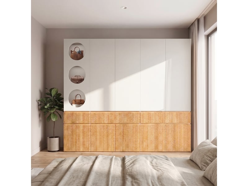  Armoire penderie 10 portes chêne clair 225x50x200 cm - 3 tiroirs 2 tringles rangement chambre  - Conforama B