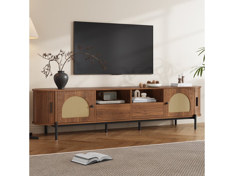  Meuble tv ovale, avec 2 portes coulissantes, 2 portes en rotin, 2 tiroirs et niches, mdf noyer, 200×40×49.5 cm  - Conforama C