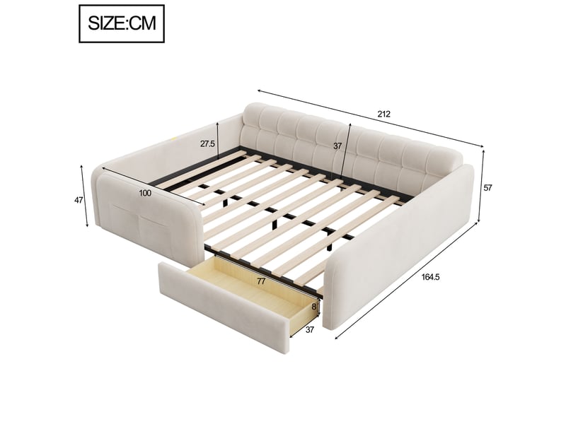 Lit enfant 140x200 cm avec tiroir, veilleuse et usb, en velours beige, sans matelas - Conforama C