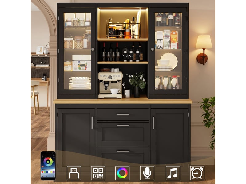  Buffet de cuisine 185 x 140 x 40 cm éclairage led contrôlé par application 3 tiroirs plan de travail étagères réglables coloris noir coloris blanc coloris vert  - Conforama E