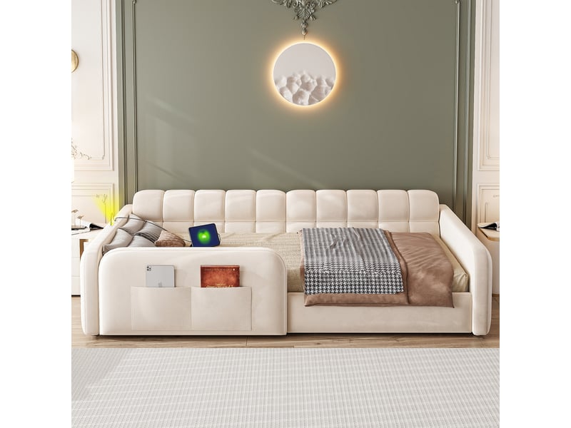  Lit enfant rembourré 90x200 cm avec tiroir et veilleuse, lit plateforme avec port de charge, garde-corps hauts et tête de lit canapé, velours, beige OPULERANE TRADING LTD - Conforama E