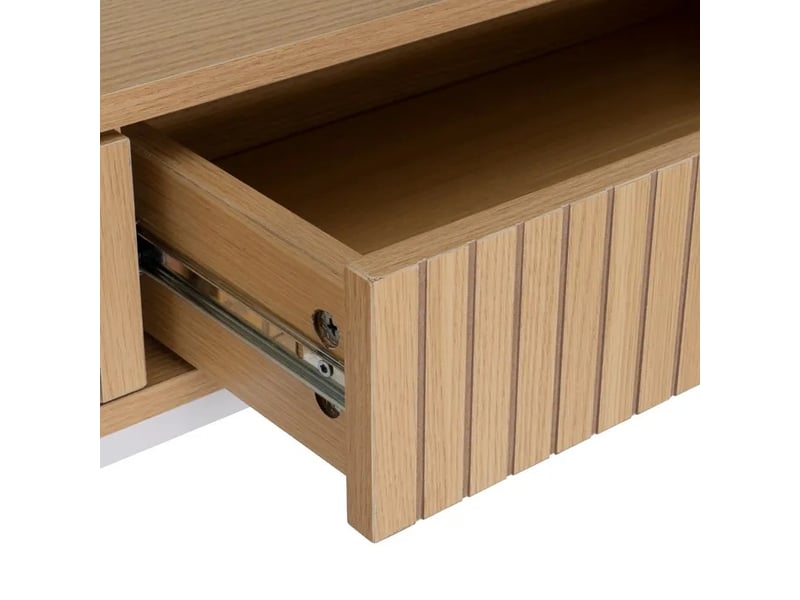  Table console meuble d'entrée effet bois clair en structure métalique blanche à 2 tiroirs à façades rainurées - longueur 100 x profondeur 30 x hauteur 75 cm  - Conforama E