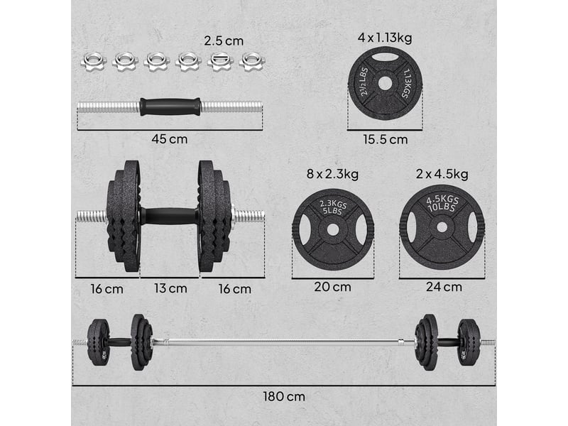 Kit de musculation 2 en 1 de 42 kg avec 14 disques, barre et haltères, acier, 180 x 24 x 24 cm, noir - Conforama E