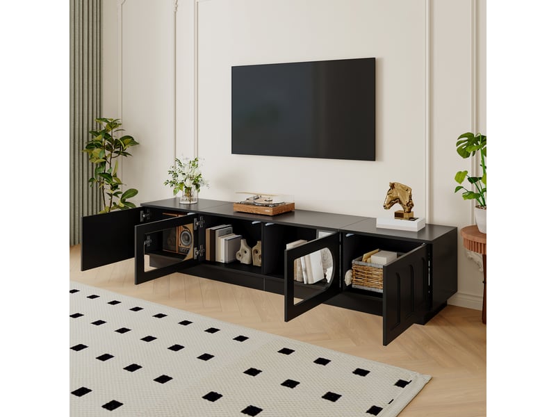  Meuble tv 200 cm en noir, led contrôlée par app, portes vitrées ovales, passe-câbles  - Conforama E