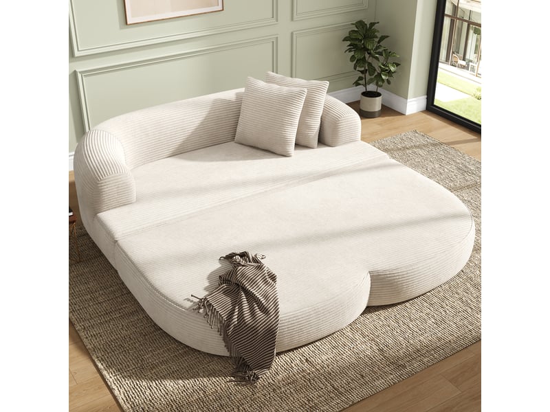  Canapé relax convertible 2 places 176x184 cm, assise dépliable, accoudoir amovible avec porte-gobelet, velours côtelé, beige clair OMNIGLINT TRADING LTD - Conforama E