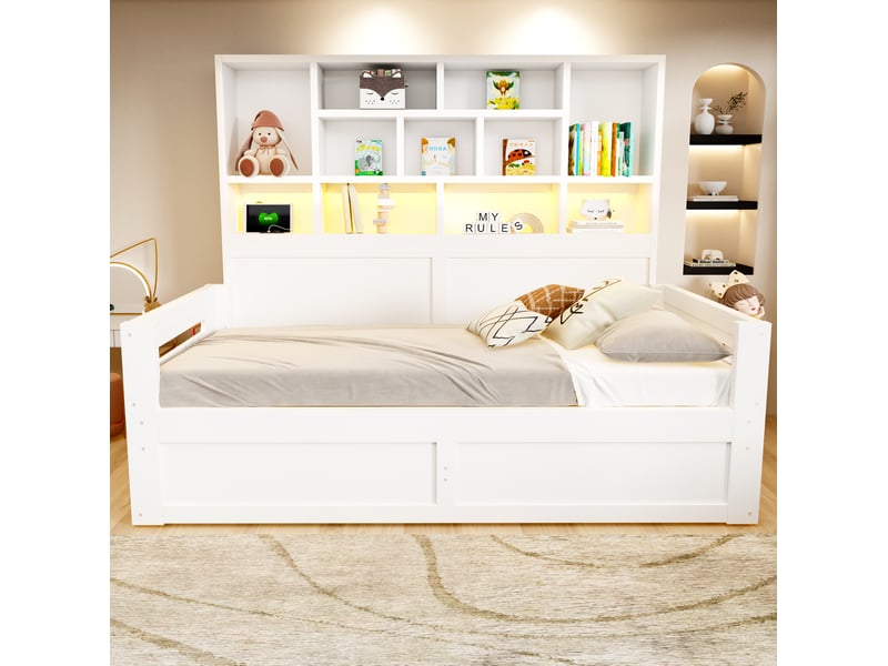  Lit banquette 1 place 90 × 200 cm avec coffre hydraulique, led, étagères et prises, sans matelas, en bois, blanc  - Conforama B