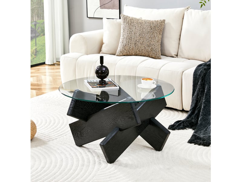  Table basse ronde avec piètement en croix et plateau en verre trempé, style moderne, pour salon, en mdf et verre, noir  - Conforama B