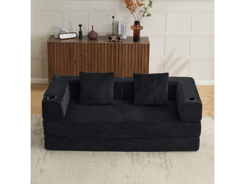  Canapé convertible deux places en velours côtelé noir, canapé-lit de sol pliable avec accoudoirs, poche latérale et porte-gobelet  - Conforama R