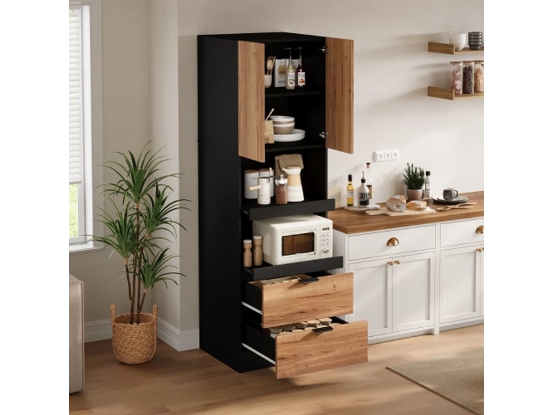 Buffet haut multifonction 59,5x45x200 cm avec portes et tiroirs en mdf couleur noir et bois clair, design multifonctionnel  - Conforama D