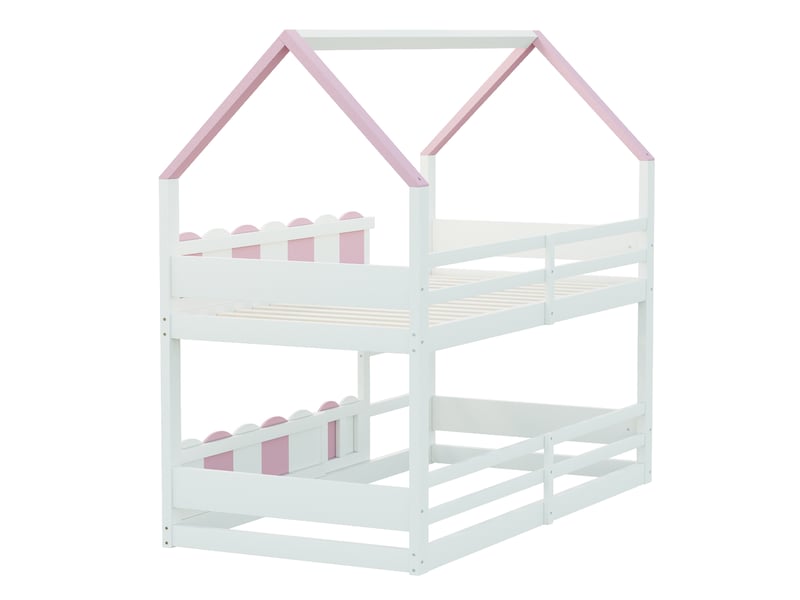  Lit superposé enfant 90x200 cm, forme de maison, barrières surélevées, un seul sommier, bois, blanc et rose, sans matelas  - Conforama E